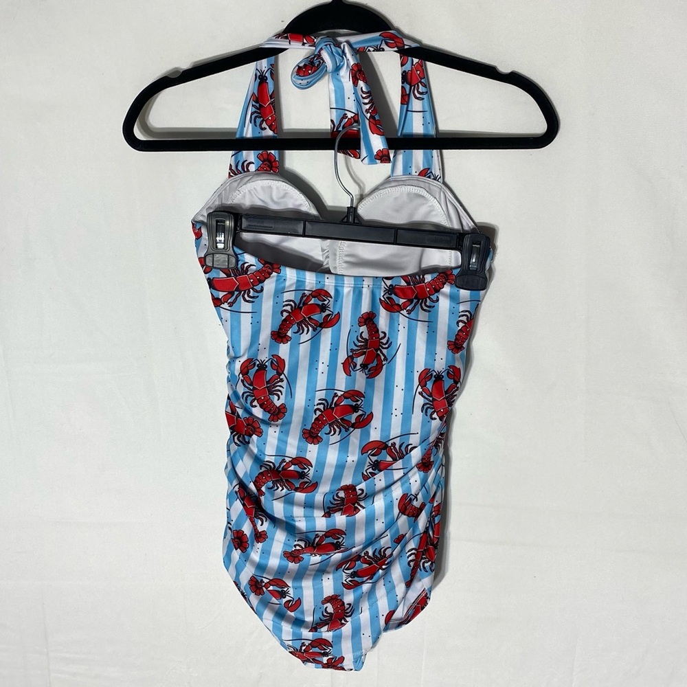 Sourpuss Blue White Striped Red Lobster Print One Piece Swimsuit Bathing Suit S - Picture 15 of 16